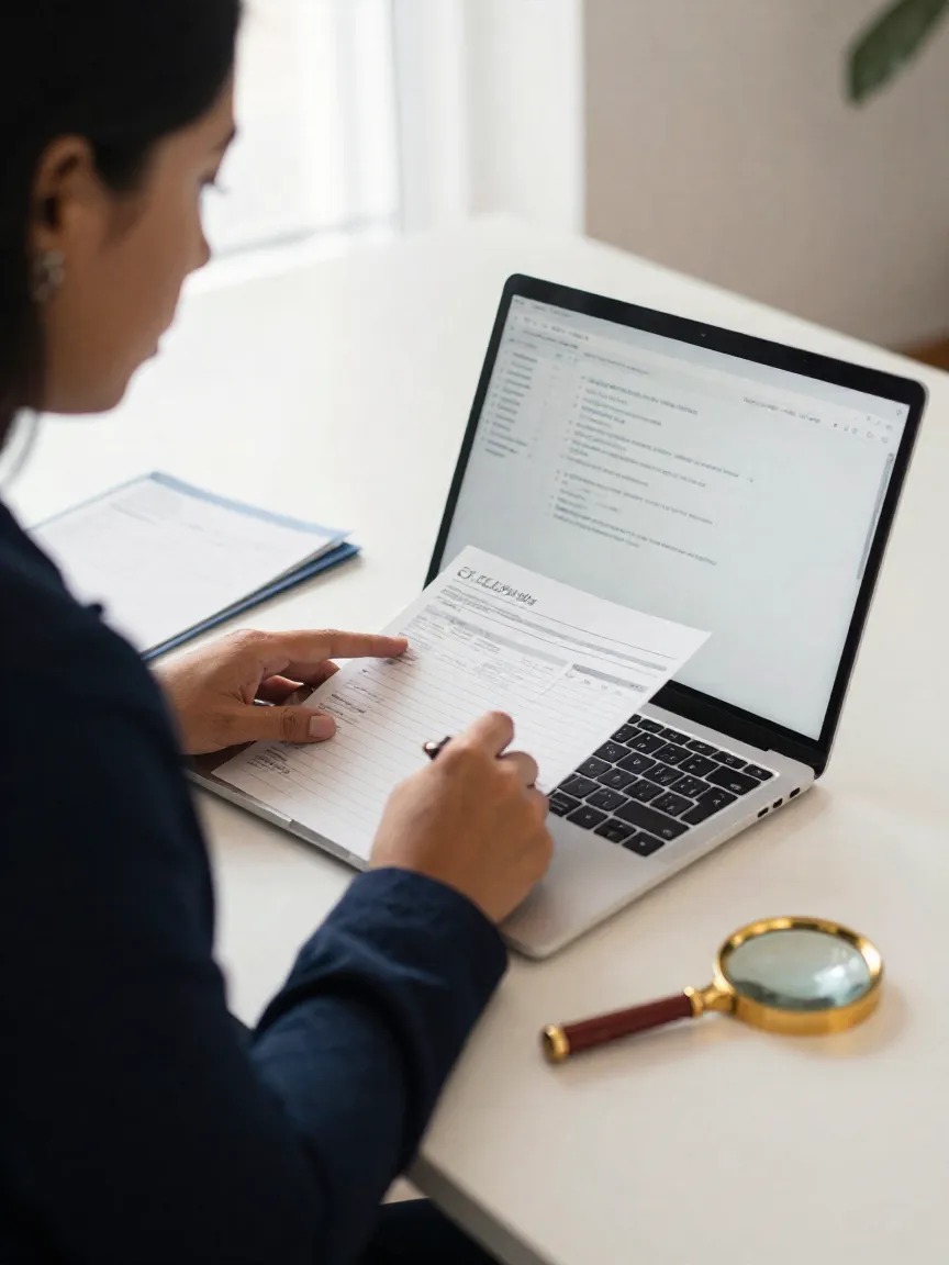 Investigadora revisando buró de crédito y referencias en laptop