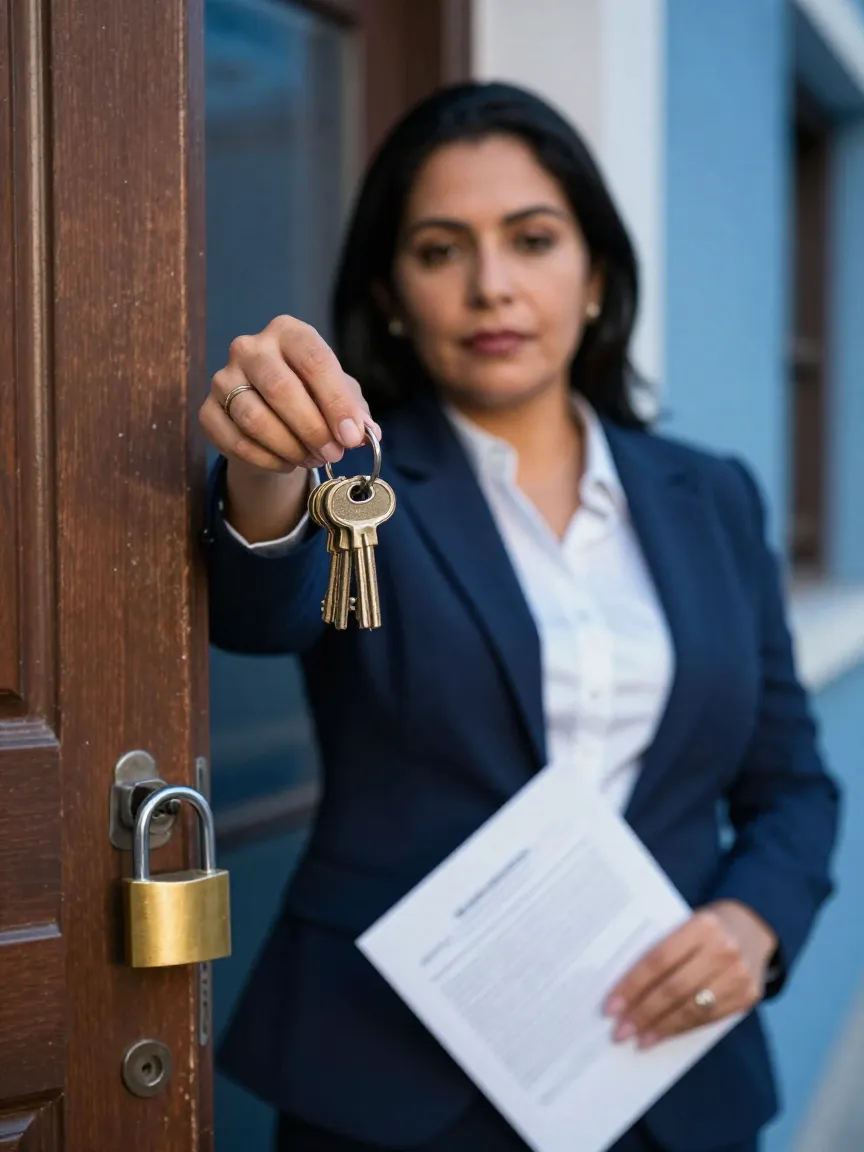 Propietario frente a la puerta de un departamento esperando que el inquilino le entregue las llaves
