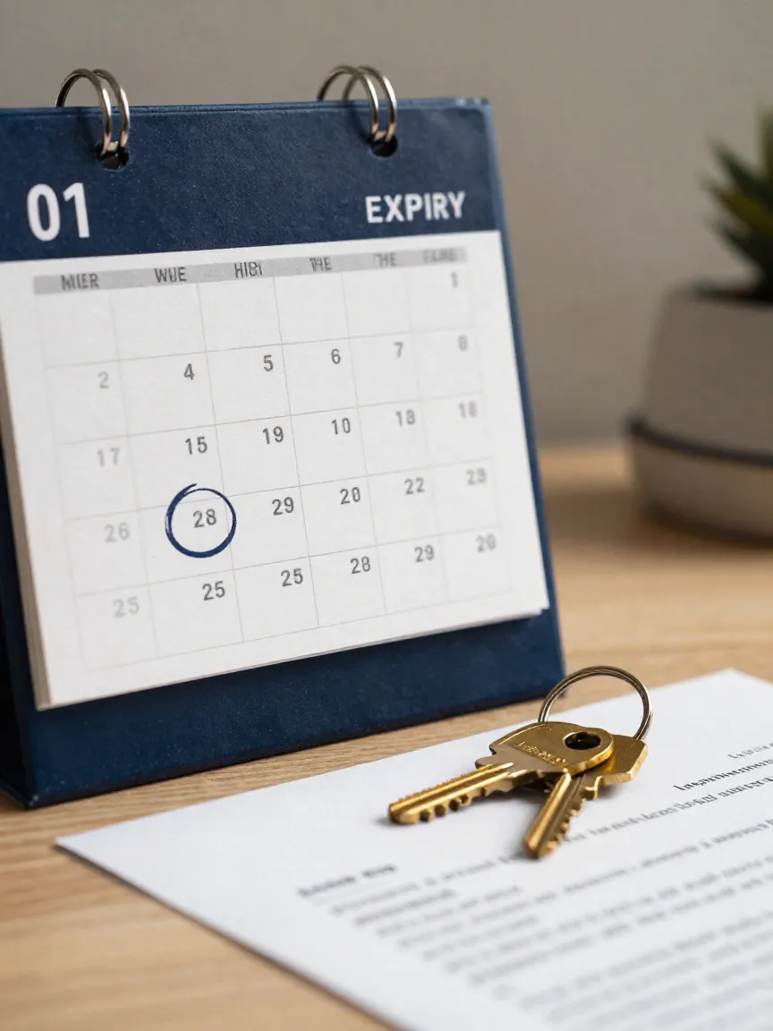 Calendario con la fecha de vencimiento marcada y llaves de latón