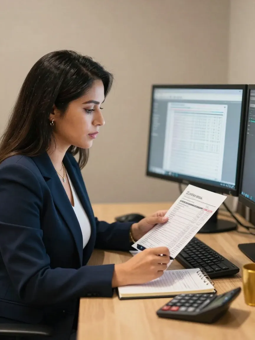 Analista mexicana revisando un reporte de crédito en pantalla