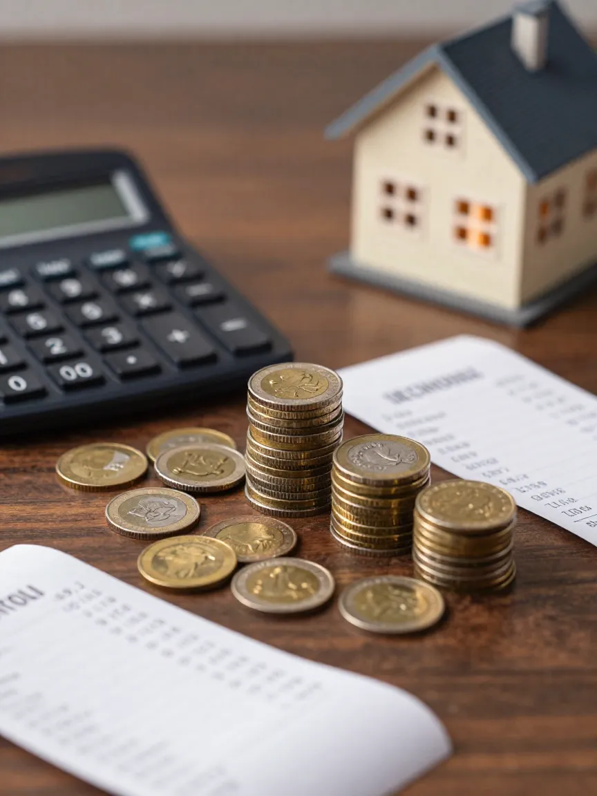 Monedas, recibo y calculadora para la renta y el depósito