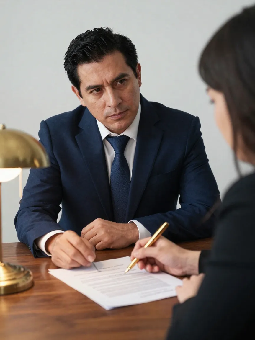 Propietario y abogada revisando cláusulas de un contrato
