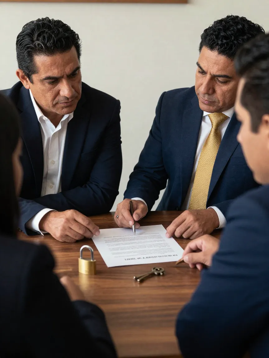Pareja mexicana adulta revisando un contrato de arrendamiento en un escritorio de nogal con candado de latón