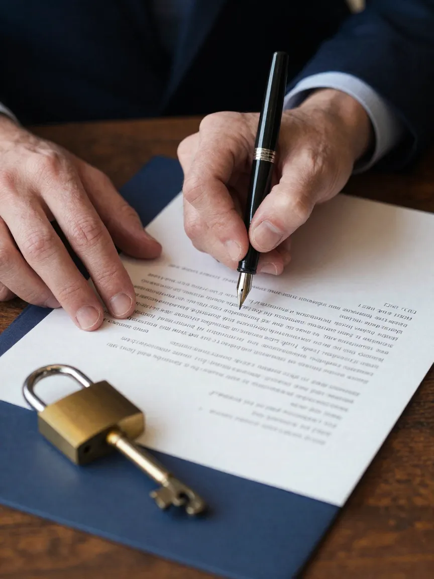 Manos firmando un contrato de arrendamiento con pluma fuente junto a un candado de latón