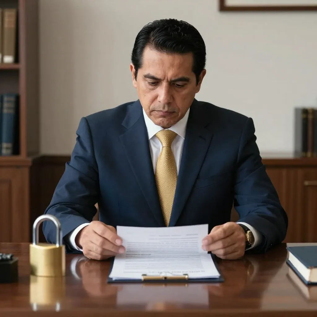 Abogado mexicano adulto revisando un contrato de arrendamiento en una oficina con candado de latón sobre el escritorio