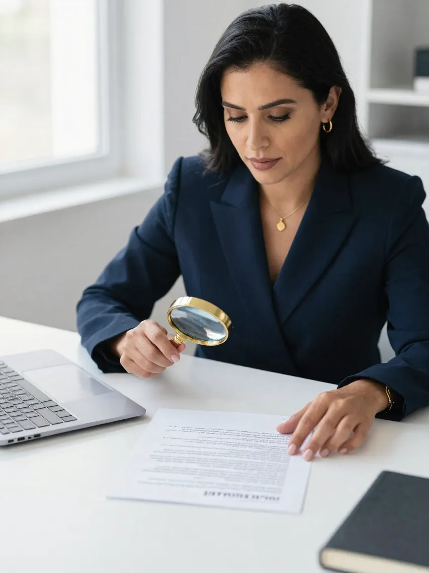 Abogada revisando un contrato bilingüe