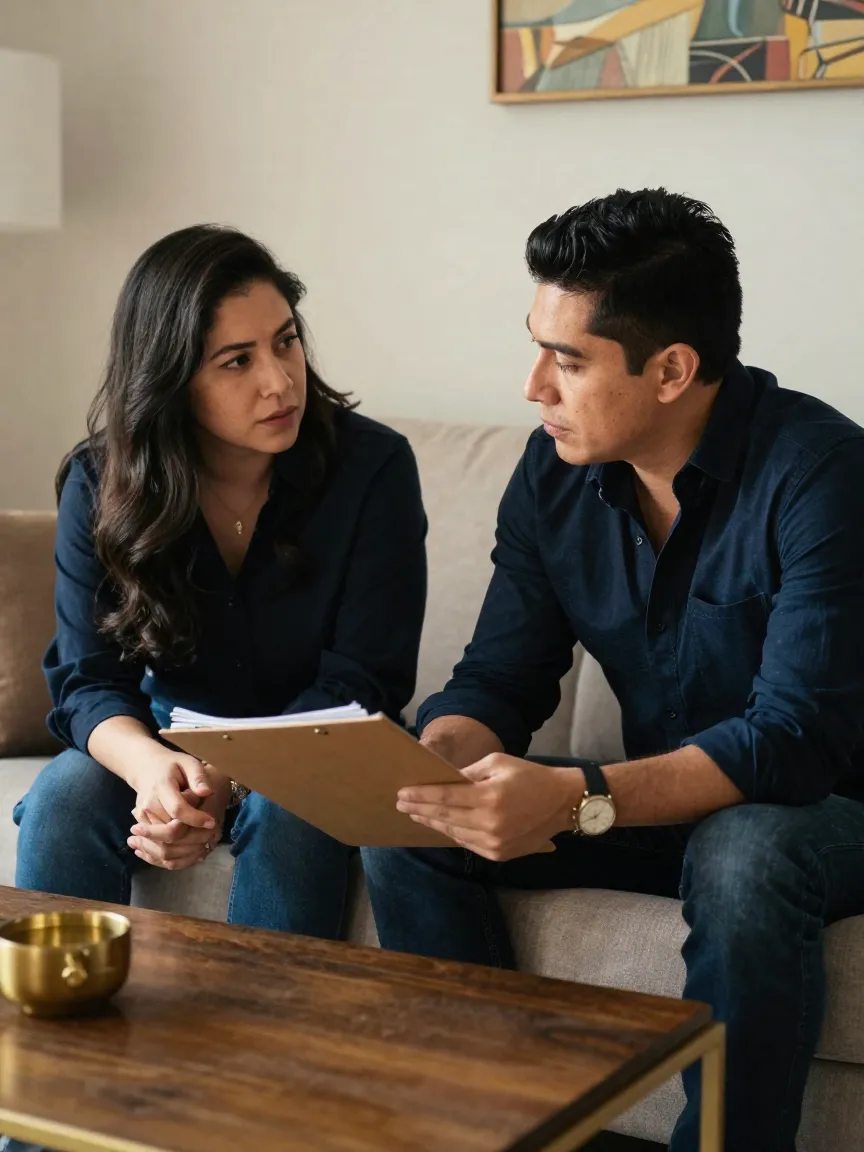 Dos hermanos adultos mexicanos conversando en una sala