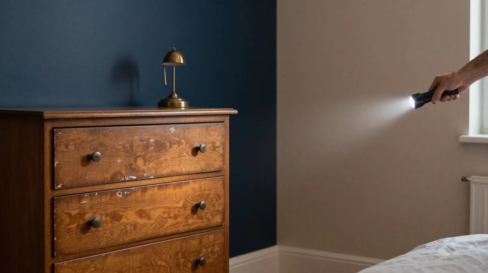 Sala con un mueble dañado y un espacio vacío