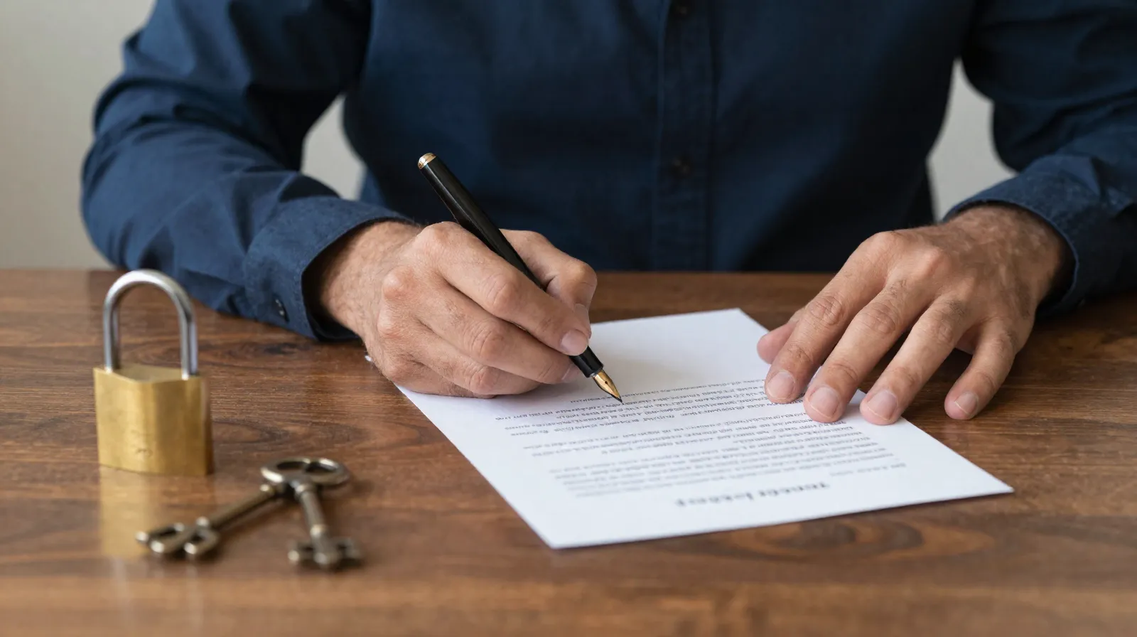 Propietario mexicano firmando un contrato de arrendamiento con pluma fuente
