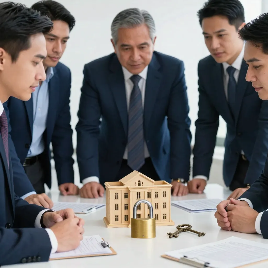 Equipo de abogados mexicanos reunido alrededor de una maqueta de edificio