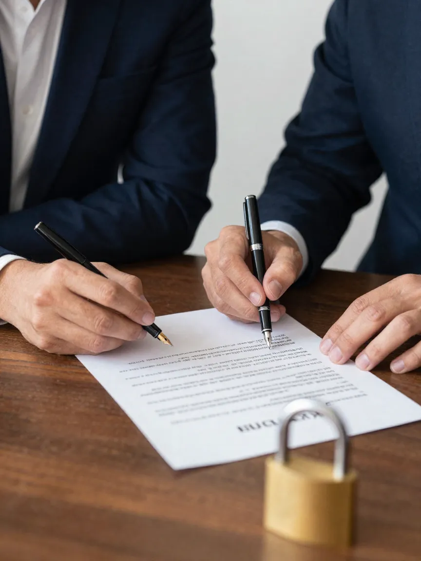 Pareja mexicana adulta revisando un contrato de arrendamiento en un escritorio de nogal