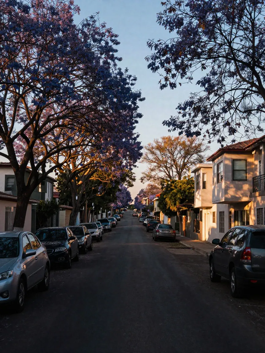 Calle residencial de Ciudad Satélite con edificios de departamentos al atardecer