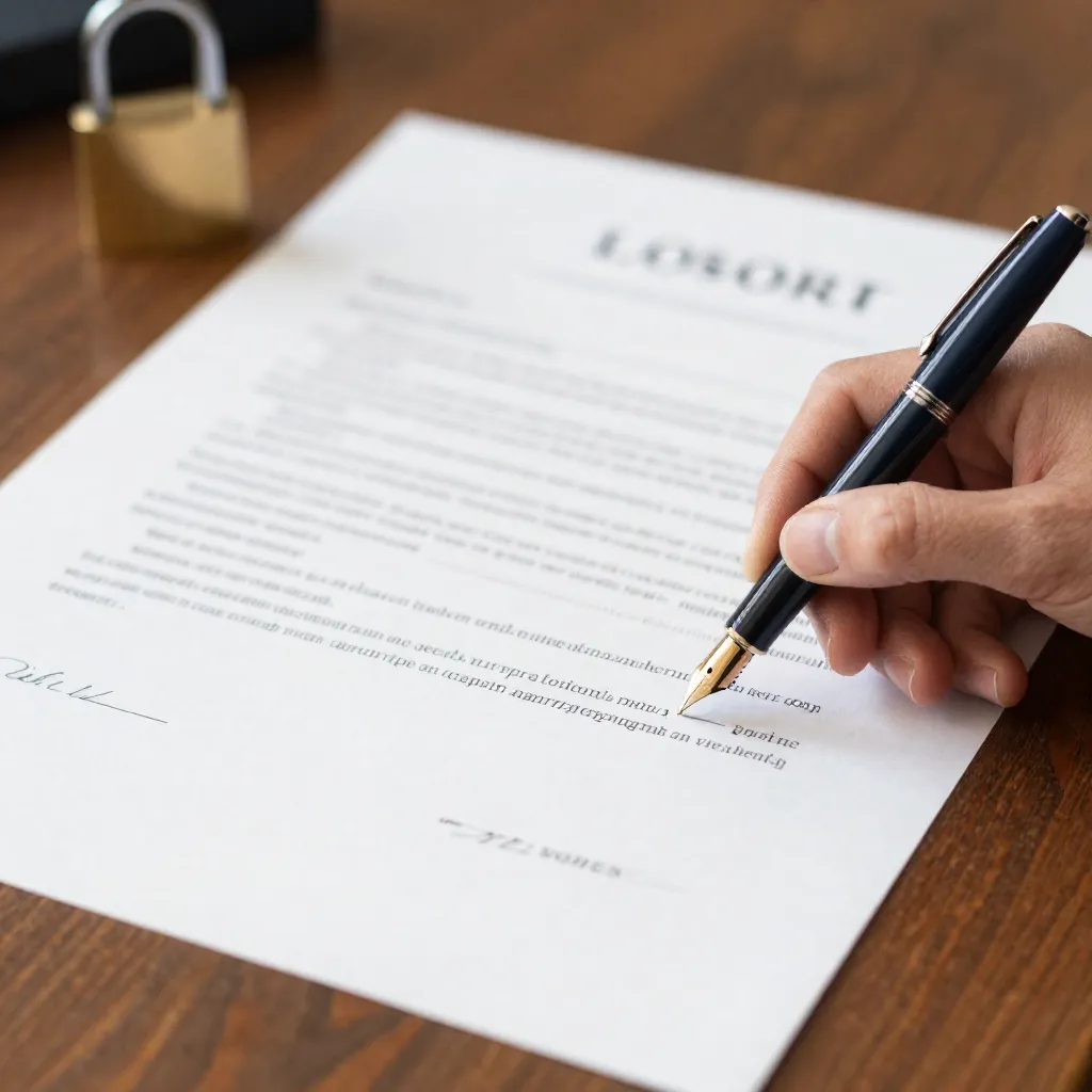 Pluma fuente firmando un contrato de arrendamiento junto a un candado de latón sobre el escritorio