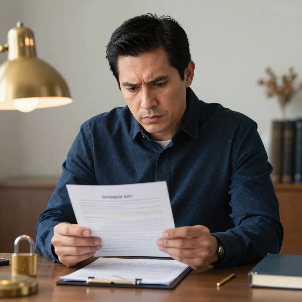 Propietario mexicano adulto mostrando preocupación al revisar notificaciones de pago atrasadas