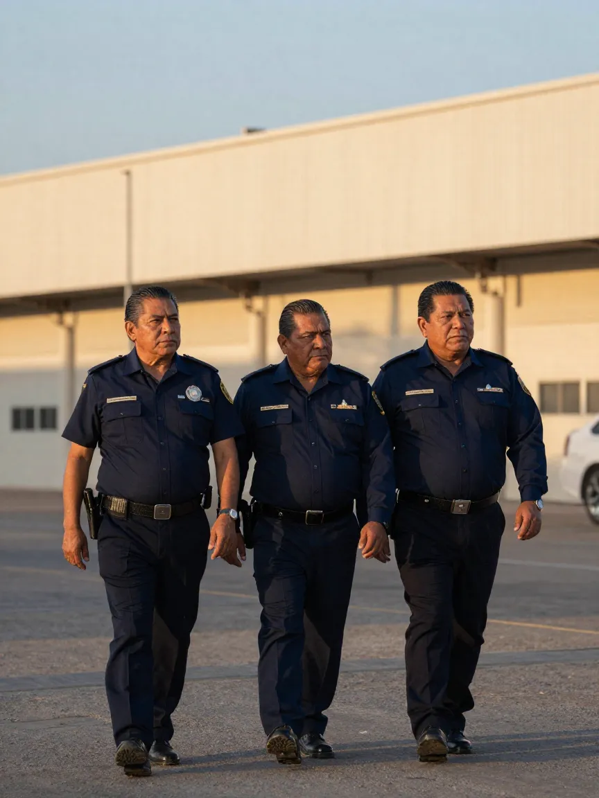 Trabajadores y familias mexicanas caminando cerca de una zona industrial del norte de México