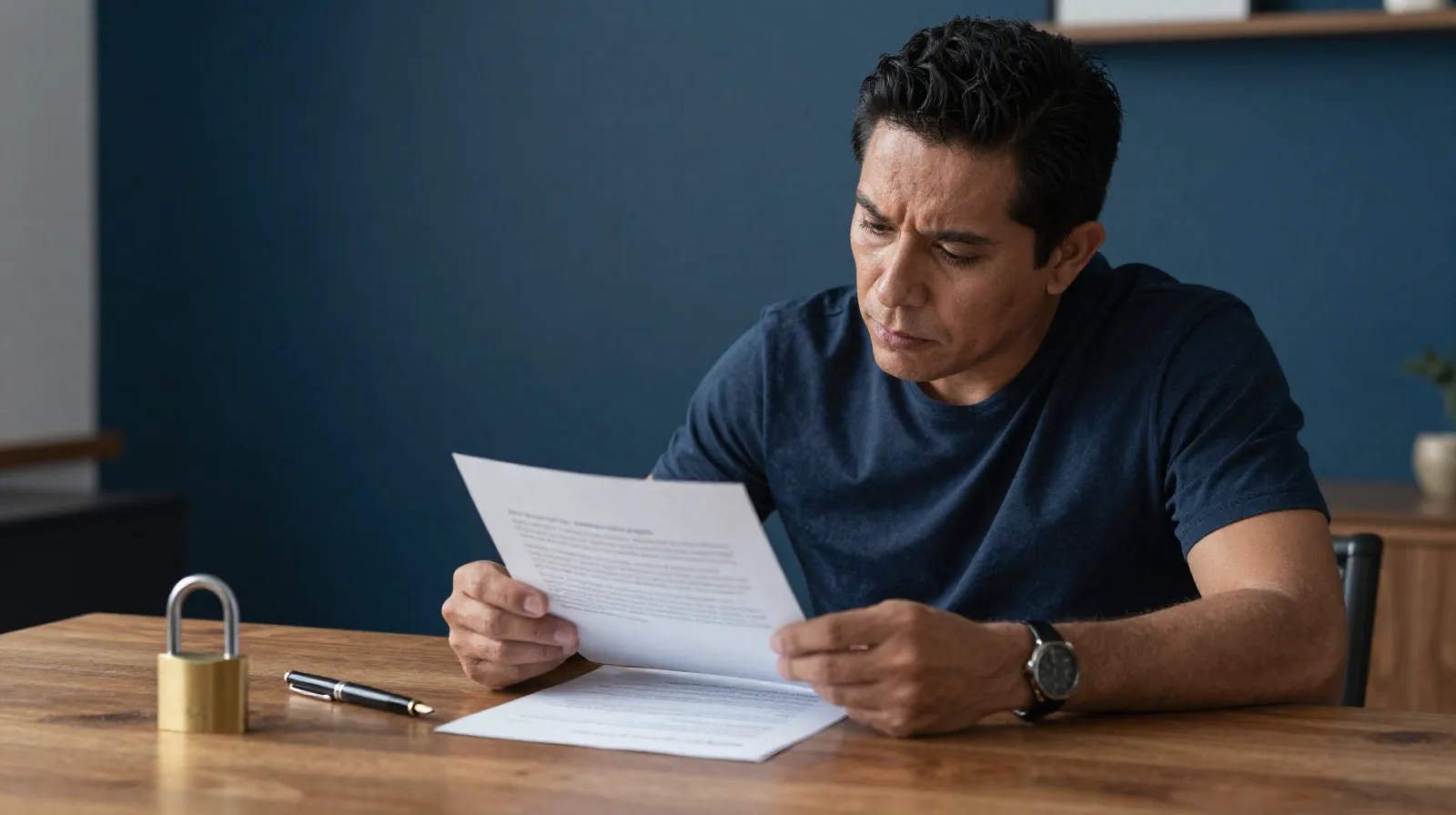 Propietario mexicano preocupado revisando un contrato de renta vencido en su casa