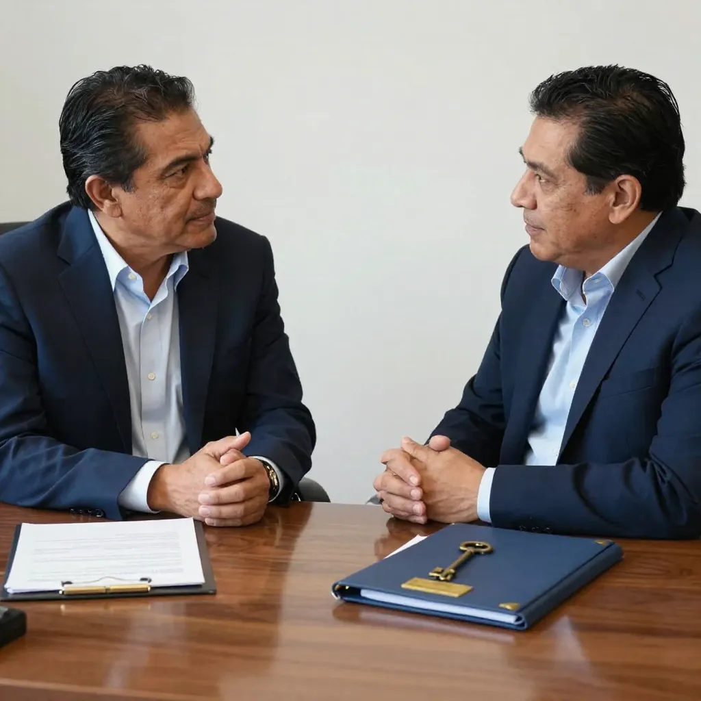 Abogado mexicano entrevistando a un posible inquilino antes de firmar contrato