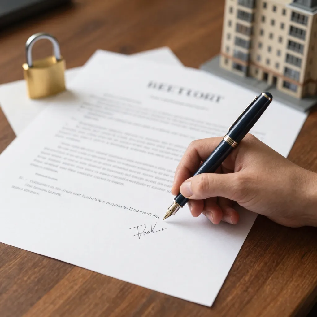 Pluma fuente firmando un contrato de arrendamiento sobre un escritorio de nogal