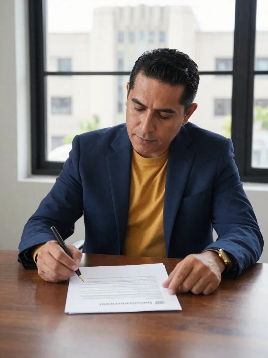 Propietario mexicano revisando un contrato de arrendamiento junto a una ventana con vista a la Roma