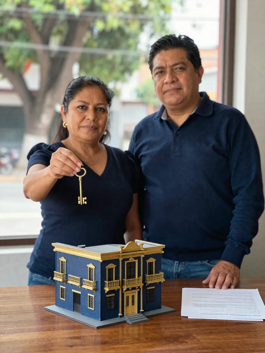 Propietario y agente revisando llaves y plano de un edificio en la Condesa