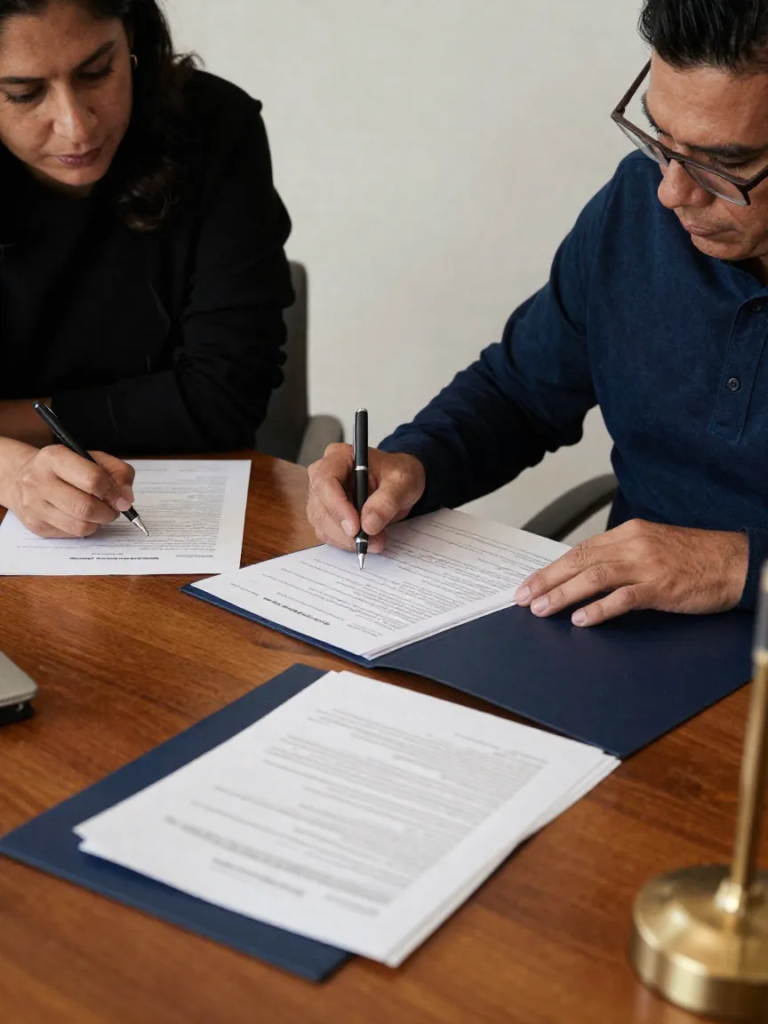 Propietario entrevistando a un posible inquilino con documentos sobre la mesa