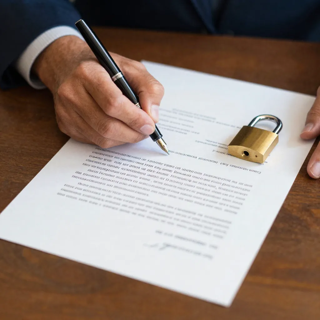 Firma de un contrato de arrendamiento con pluma fuente y candado de latón sobre la mesa
