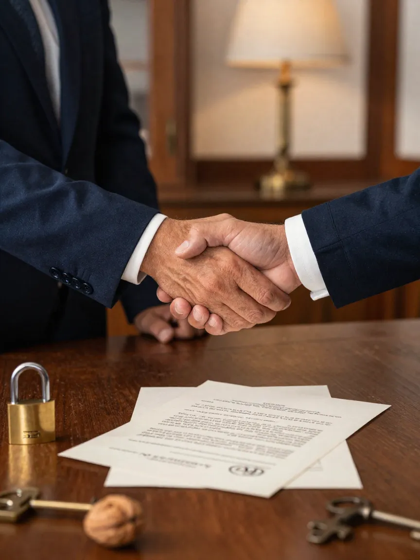 Dos adultos mexicanos estrechan la mano sobre un escritorio con contrato y candado de latón