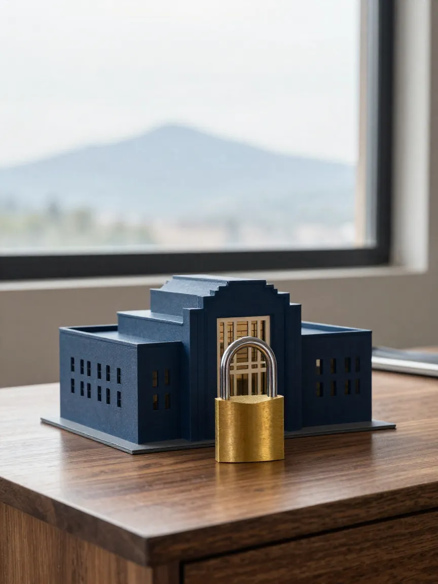 Maqueta de edificio sobre escritorio con candado de latón frente a ventana con vista a cerros de Monterrey