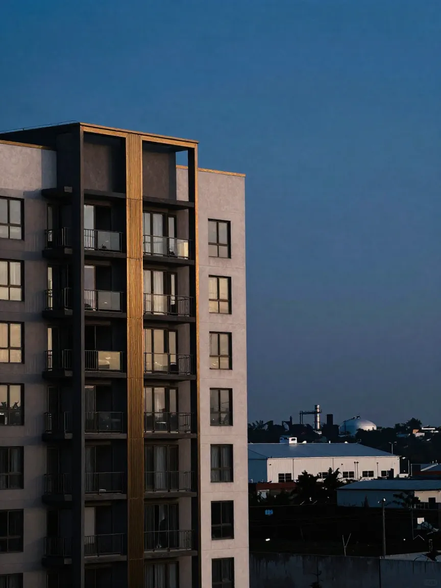 Vista de un edificio residencial moderno junto a naves industriales en las afueras de Monterrey
