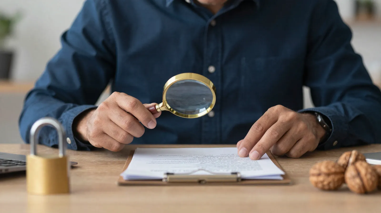Hombre adulto mexicano revisa documentos con lupa junto a un candado de latón sobre el escritorio