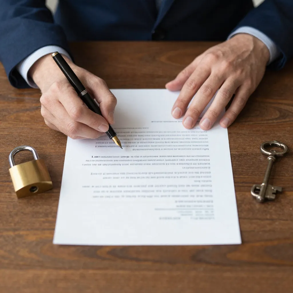 Manos firmando un contrato con pluma fuente junto a un candado de latón y llaves antiguas
