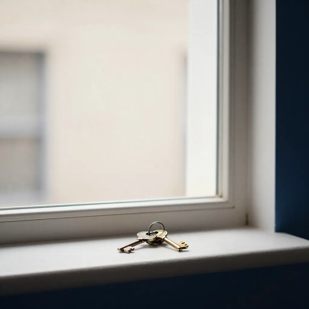 Interior de un departamento vacío y limpio con llaves sobre el marco de la ventana
