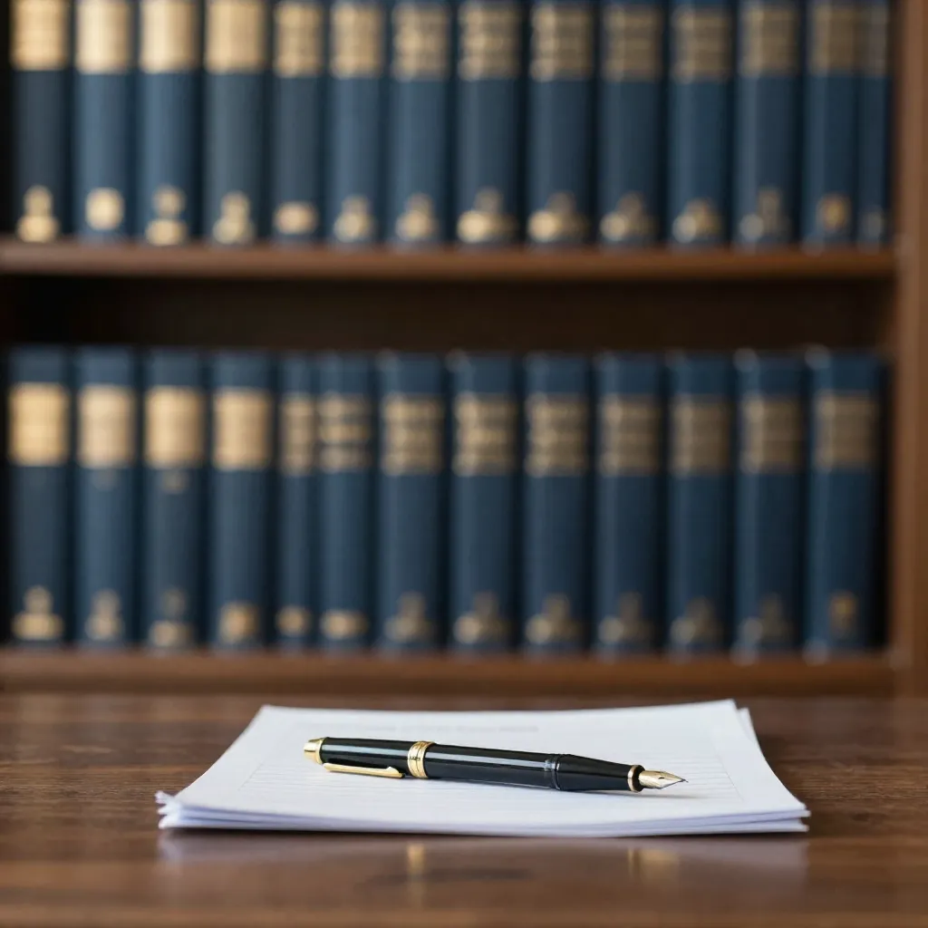 Estantería con libros de derecho y escritorio de nogal con pluma fuente en una oficina legal