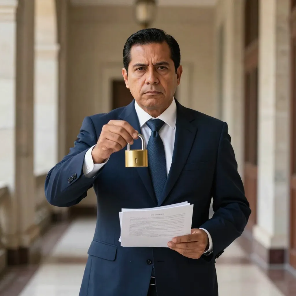 Abogado con documentos de cobranza extrajudicial en pasillo de juzgado