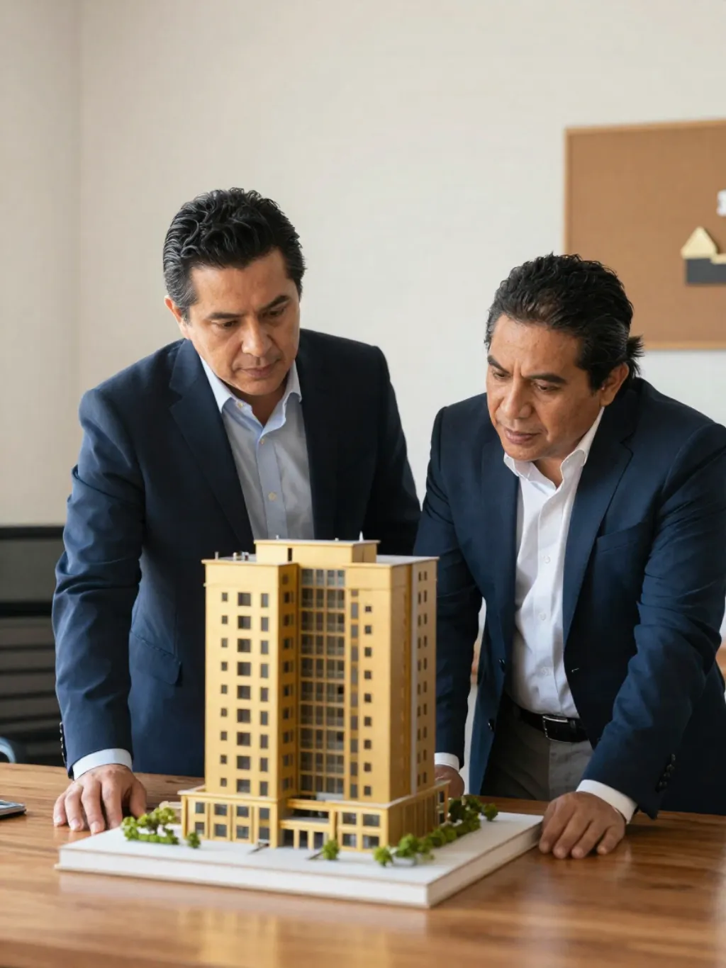 Pareja mexicana adulta observando una maqueta de edificio residencial sobre un escritorio de oficina