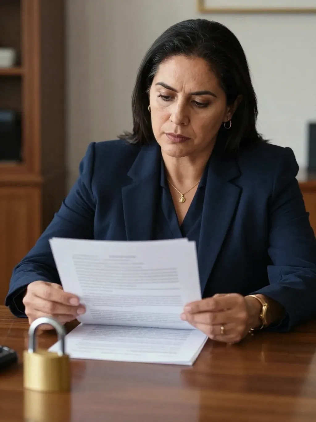 Abogada mexicana revisando documentos de contrato junto a un candado de latón sobre el escritorio