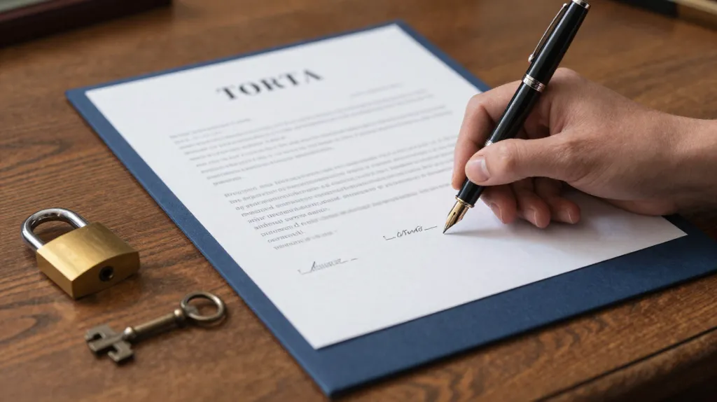 Pluma fuente firmando un contrato de arrendamiento sobre un escritorio de nogal con llaves antiguas al lado
