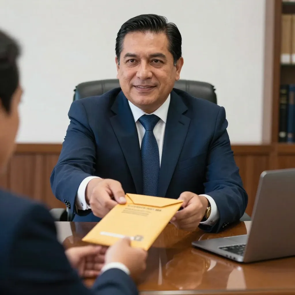Abogado mexicano entregando una notificación formal de cobranza a un cliente en una oficina de despacho