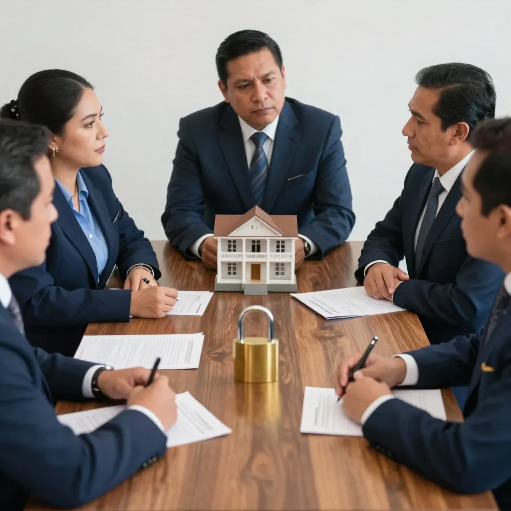 Equipo de abogados mexicanos en reunión revisando planes de protección jurídica con maqueta de edificio