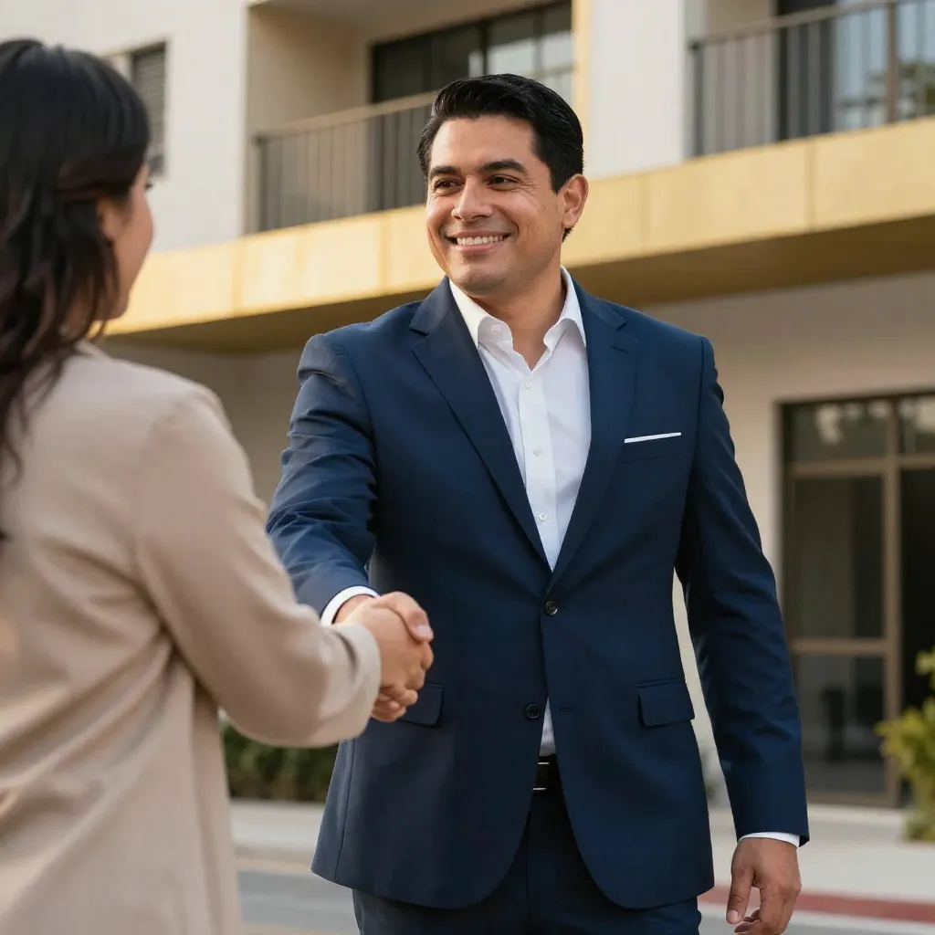 Broker inmobiliario mexicano estrechando la mano de un propietario tras cerrar la renta de un inmueble