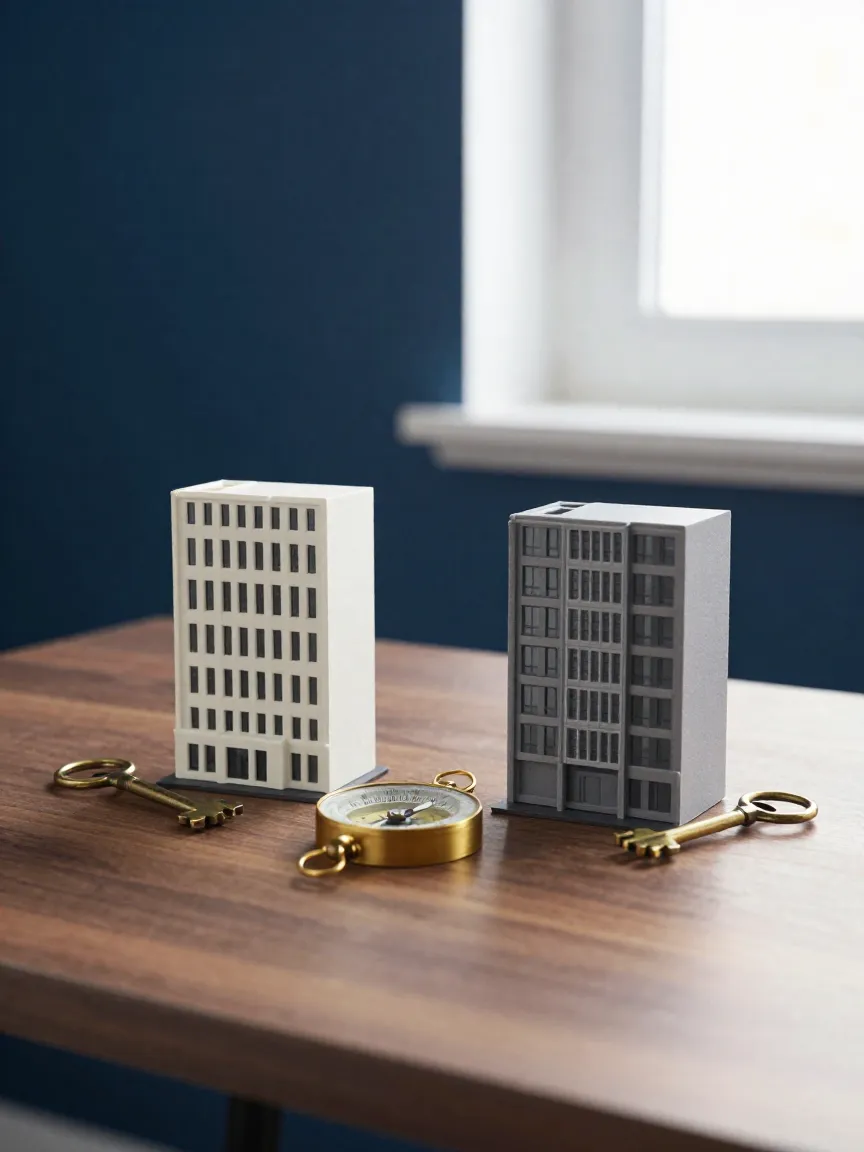 Dos maquetas de edificio con llaves de latón que representan dos jurisdicciones