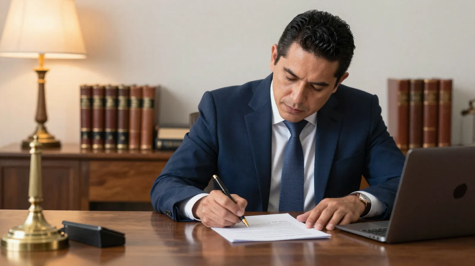 Abogado mexicano redactando cláusulas de un contrato de arrendamiento