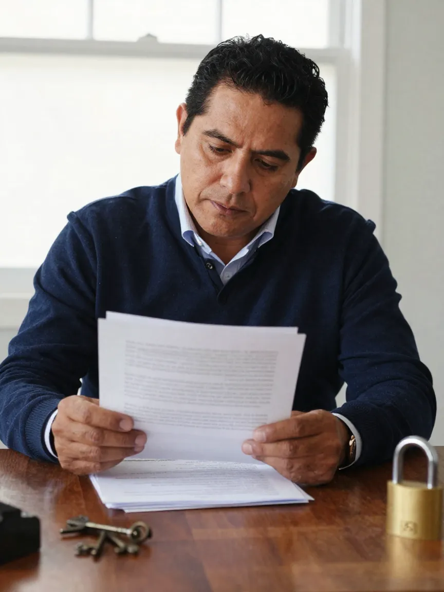 Propietario mexicano revisando documentos de aval sobre un escritorio de nogal