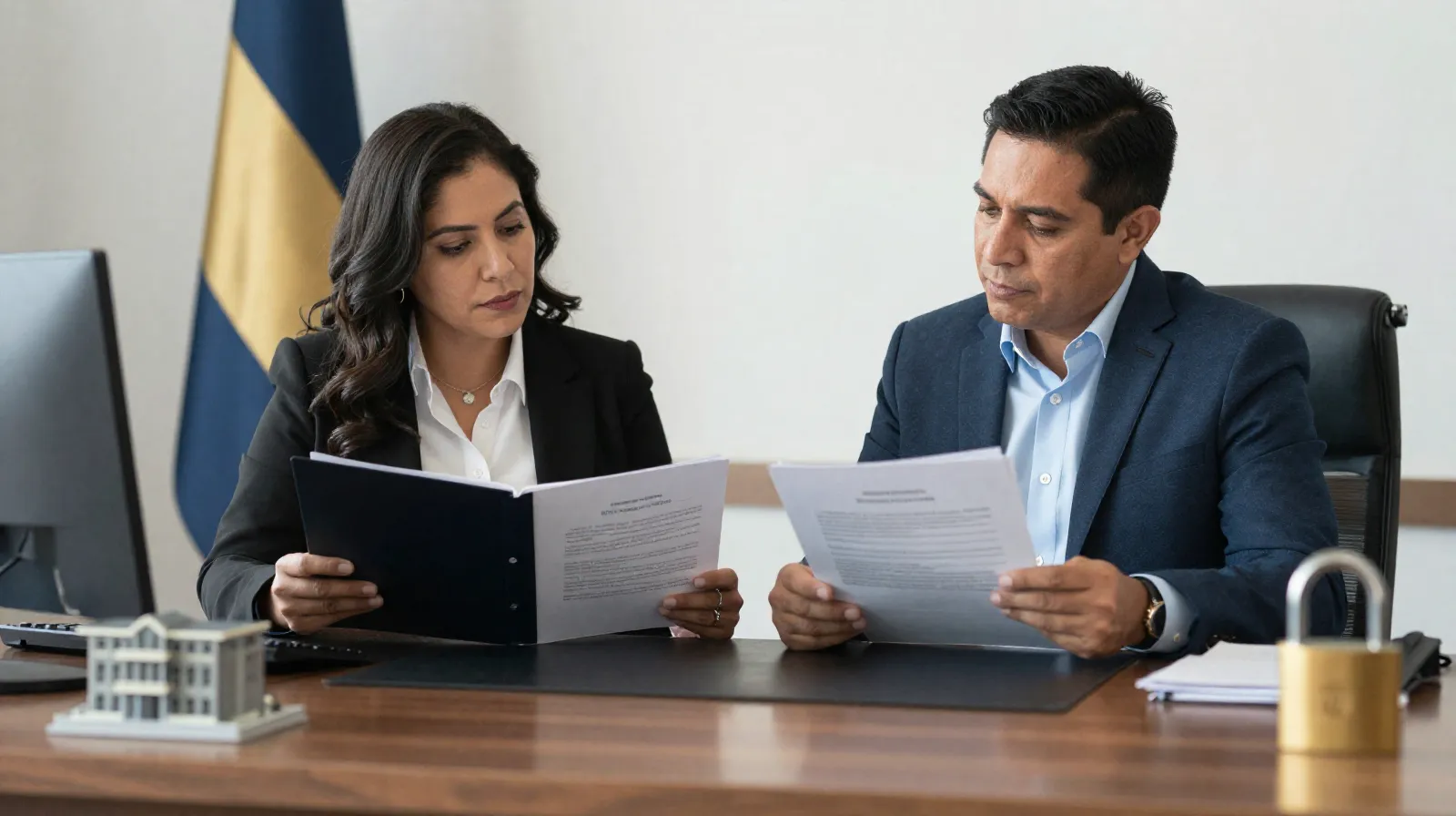 Asesores legales mexicanos revisando documentos de investigación de un inquilino