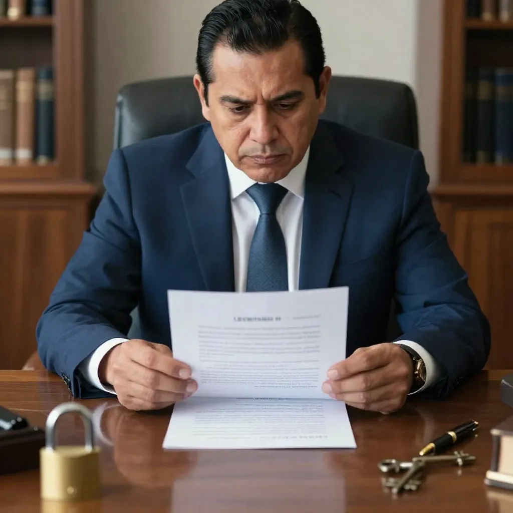 Abogado mexicano revisando un expediente legal de cobranza en su despacho