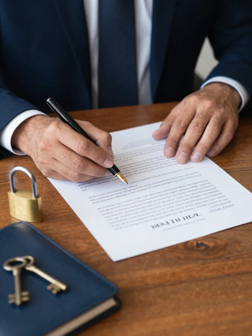 Abogado mexicano revisando cláusulas de un contrato de arrendamiento con pluma fuente