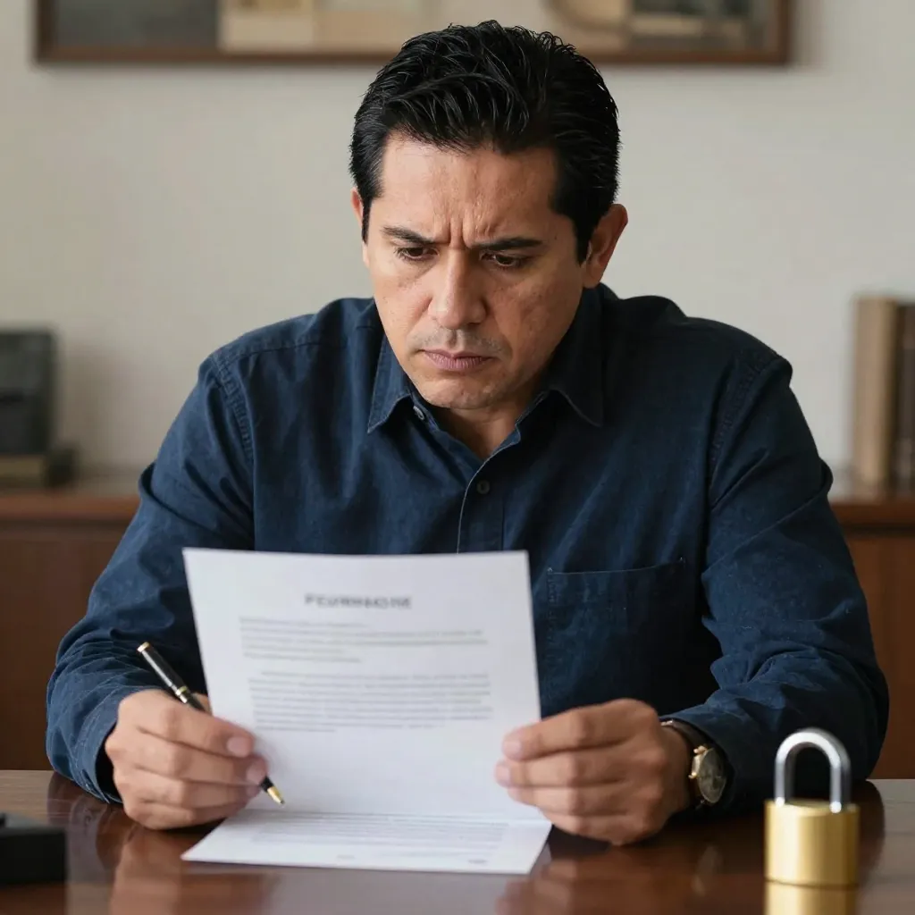Propietario mexicano preocupado revisando notificación de pago atrasado de renta