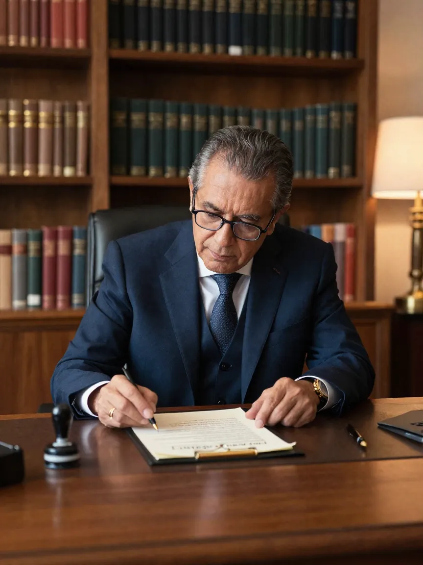 Notario mexicano revisando documentos de una sucesión