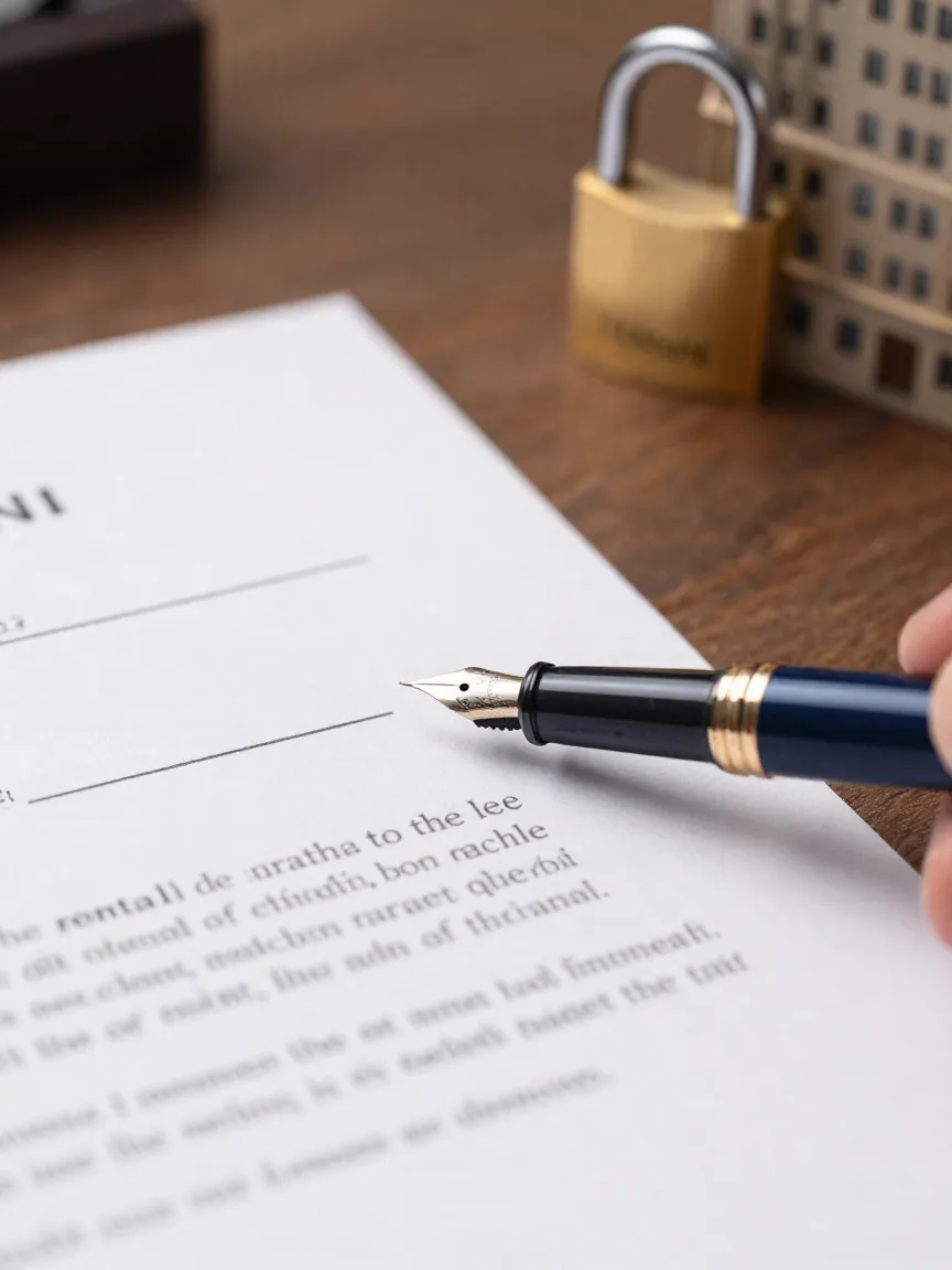 Pluma fuente firmando las cláusulas de un contrato de arrendamiento sobre un escritorio de nogal