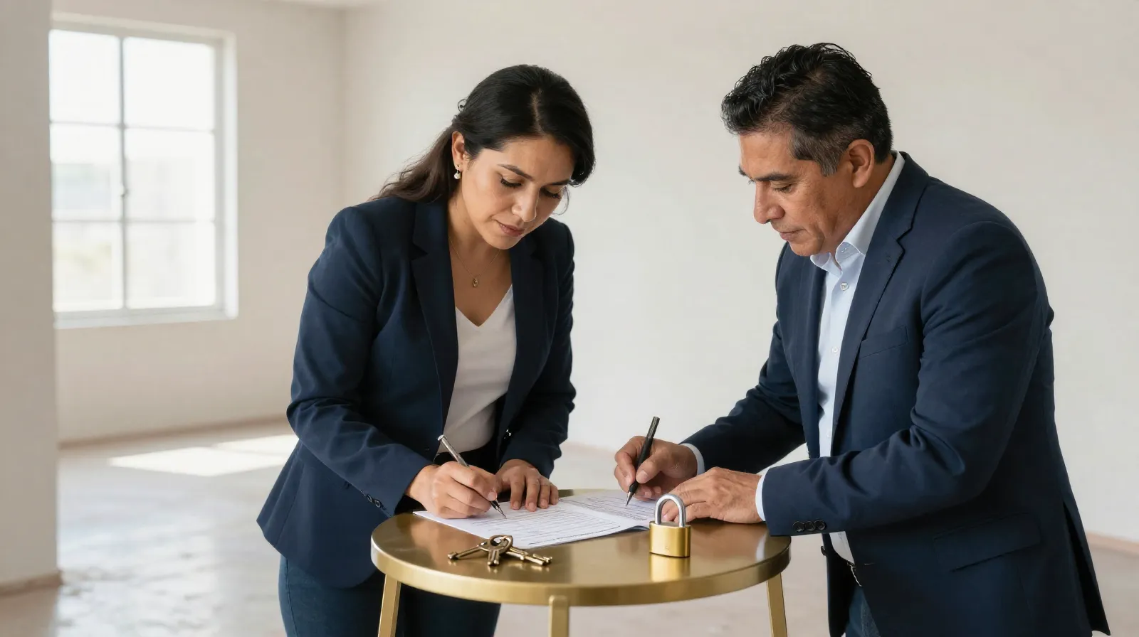 Arrendador e inquilino mexicanos firmando el acta de entrega e inventario de un departamento nuevo